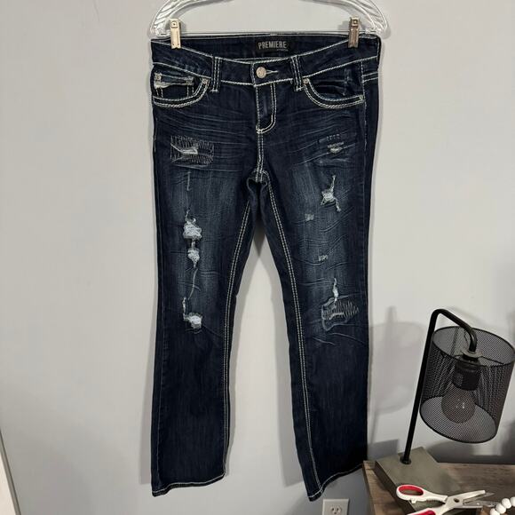 Premiere by Rue 21 Dark Wash Distressed Slim Bootcut Jeans Women's Size 7 / 8 - Picture 1 of 10